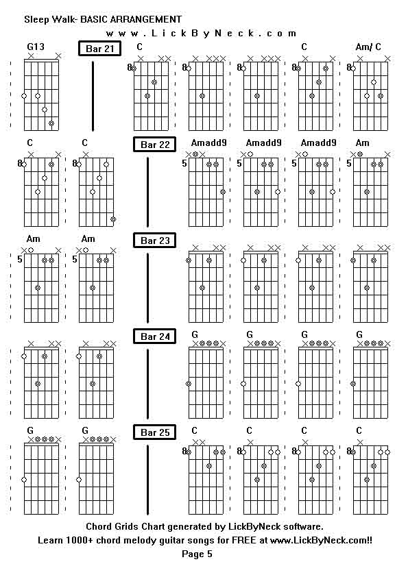 Chord Grids Chart of chord melody fingerstyle guitar song-Sleep Walk- BASIC ARRANGEMENT,generated by LickByNeck software.